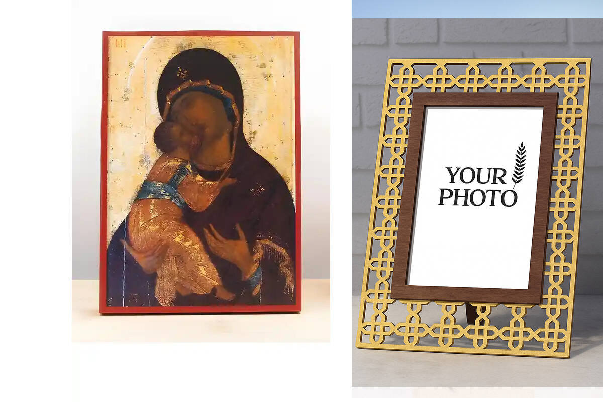 Εικόνα Ορθοδοξίας Πολυτελείας  με  σχεδιο Σταυρούς μαζι με  Βάση σε  8 χρώματα με περίγραμμα χρυσό σε ξύλο Plywood (Πλακάζ)   με  βάση Παναγία του Βλαδίμηρου με τον Ιησού Παλιάς τεχνοτροπίας, Ξύλινη Χειροποίητη Εικόνα Ελληνικής Κορυφαίας Βυζαντινής Στυλ Κρεμασμένη σε ξύλινη πλάκα Θρησκευτικό Χειροποίητη Ελληνορθόδοξη εικόνα του Ιησού Χριστού, Κρεμαστή πλάκα βυζαντινής τέχνης, χριστιανική τέχνη Διάσταση 15x11 cm (5,9 x 4,3 ίντσες)  INTRAEK3kadro3211-610979