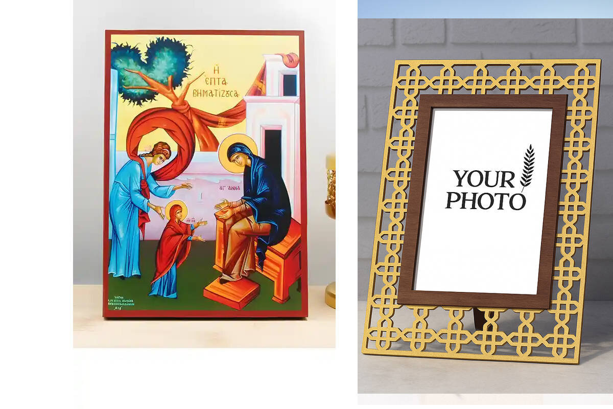 Εικόνα Ορθοδοξίας Πολυτελείας  με  σχεδιο Σταυρούς μαζι με  Βάση σε  8 χρώματα με περίγραμμα χρυσό σε ξύλο Plywood (Πλακάζ)   με  βάση Πρώτα Βήματα της Παναγίας "Επτά Βήματα", Ξύλινη Χειροποίητη Εικόνα Ελληνικής Premium Βυζαντινού Στυλ Κρεμαστή σε Ξύλινη Πλάκα Θρησκευτικό Χειροποίητη Ελληνορθόδοξη εικόνα του Ιησού Χριστού, Κρεμαστή πλάκα βυζαντινής τέχνης, χριστιανική τέχνη Διάσταση 15x11 cm (5,9 x 4,3 ίντσες)  INTRAEK3kadro3211-610978