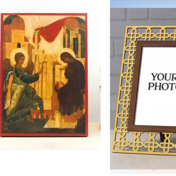 Εικόνα Ορθοδοξίας Πολυτελείας  με  σχεδιο Σταυρούς μαζι με  Βάση σε  8 χρώματα με περίγραμμα χρυσό σε ξύλο Plywood (Πλακάζ)   με  βάση Ο Ευαγγελισμός της Θεοτόκου Παλιάς τεχνοτροπίας, Ξύλινη Χειροποίητη Εικόνα Ελληνικού Premium Βυζαντινού Στυλ Κρεμαστή σε ξύλινη πλάκα Θρησκευτικό θέμα Χειροποίητη Ελληνορθόδοξη εικόνα του Ιησού Χριστού, Κρεμαστή πλάκα βυζαντινής τέχνης, χριστιανική τέχνη Διάσταση 15x11 cm (5,9 x 4,3 ίντσες)  INTRAEK3kadro3211-610977 - Image 1