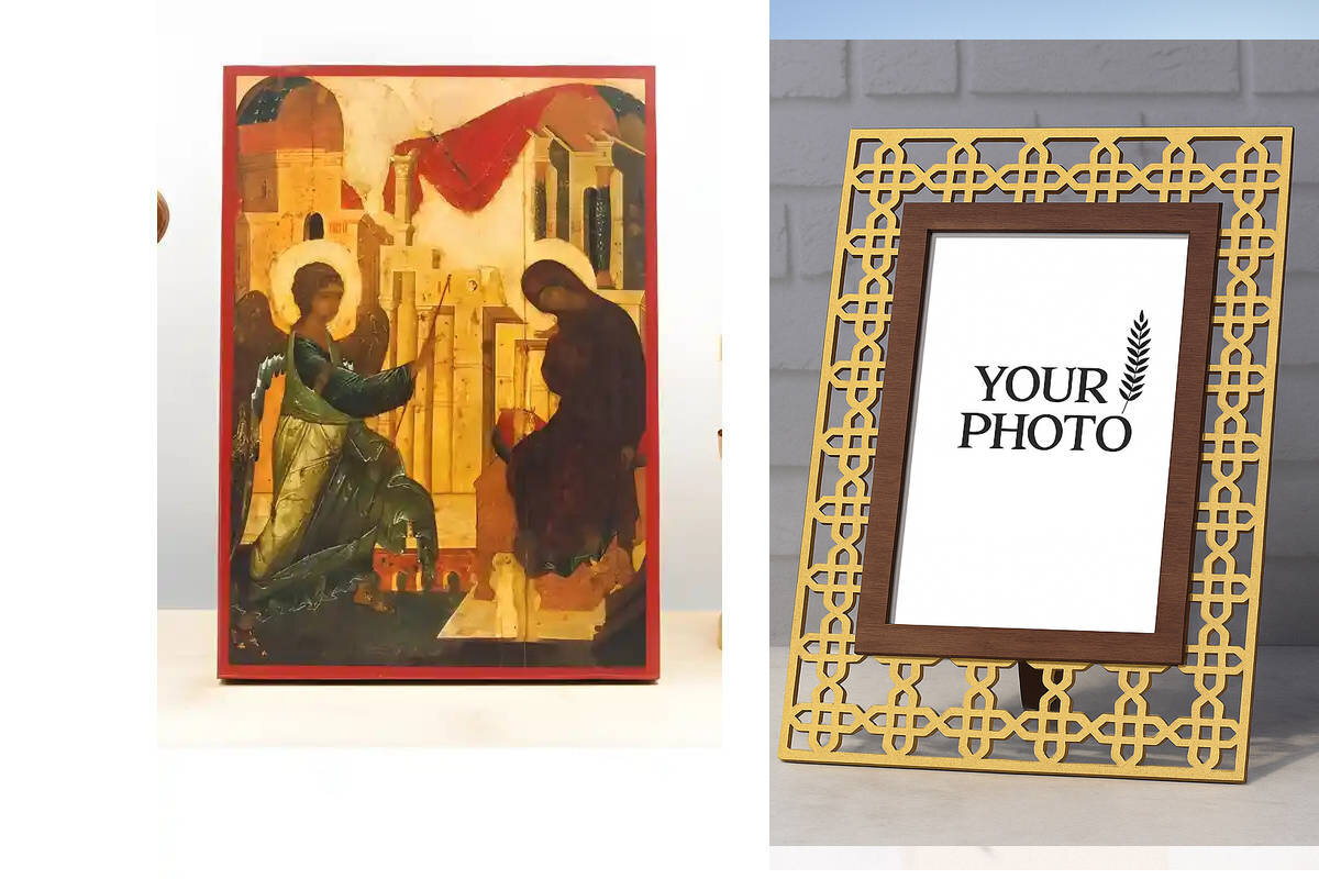 Εικόνα Ορθοδοξίας Πολυτελείας  με  σχεδιο Σταυρούς μαζι με  Βάση σε  8 χρώματα με περίγραμμα χρυσό σε ξύλο Plywood (Πλακάζ)   με  βάση Ο Ευαγγελισμός της Θεοτόκου Παλιάς τεχνοτροπίας, Ξύλινη Χειροποίητη Εικόνα Ελληνικού Premium Βυζαντινού Στυλ Κρεμαστή σε ξύλινη πλάκα Θρησκευτικό θέμα Χειροποίητη Ελληνορθόδοξη εικόνα του Ιησού Χριστού, Κρεμαστή πλάκα βυζαντινής τέχνης, χριστιανική τέχνη Διάσταση 15x11 cm (5,9 x 4,3 ίντσες)  INTRAEK3kadro3211-610977