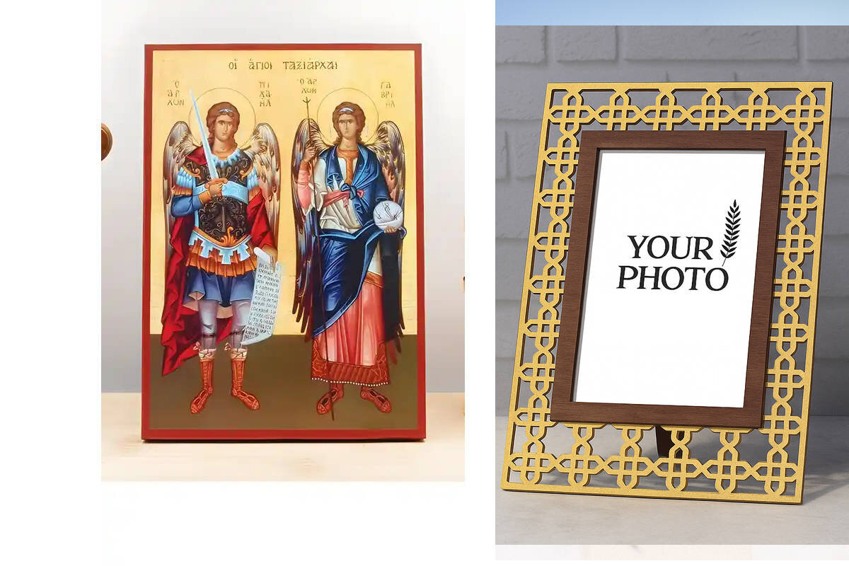 Εικόνα Ορθοδοξίας Πολυτελείας  με  σχεδιο Σταυρούς μαζι με  Βάση σε  8 χρώματα με περίγραμμα χρυσό σε ξύλο Plywood (Πλακάζ)   με  βάση Αρχάγγελοι Μιχαήλ και Γαβριήλ "Ταξιάρχες", Ξύλινη Χειροποίητη Εικόνα Ελληνικού Βυζαντινού Στυλ Κρεμαστή σε Ξύλινη Πλάκα Θρησκευτικό Θέμα Χειροποίητη Ελληνορθόδοξη εικόνα του Ιησού Χριστού, Κρεμαστή πλάκα βυζαντινής τέχνης, χριστιανική τέχνη Διάσταση 15x11 cm (5,9 x 4,3 ίντσες)  INTRAEK3kadro3211-610976