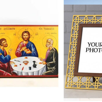 Εικόνα Ορθοδοξίας Πολυτελείας  με  σχεδιο Σταυρούς μαζι με  Βάση σε  8 χρώματα με περίγραμμα χρυσό σε ξύλο Plywood (Πλακάζ)   με  βάση Ιησούς Χριστός Το Δείπνο στο Εμμαούς, Ξύλινη Χειροποίητη Εικόνα Ελληνικού Βυζαντινού Στυλ τοίχου Κρεμασμένη σε ξύλινη πλάκα Ορθόδοξο θρησκευτικό θέμα Χειροποίητη Ελληνορθόδοξη εικόνα του Ιησού Χριστού, Κρεμαστή πλάκα βυζαντινής τέχνης, χριστιανική τέχνη Διάσταση 15x11 cm (5,9 x 4,3 ίντσες)  INTRAEK3kadro3211-610975 - Image 1