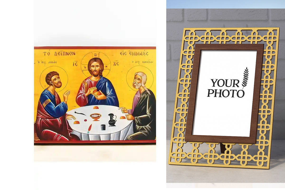 Εικόνα Ορθοδοξίας Πολυτελείας  με  σχεδιο Σταυρούς μαζι με  Βάση σε  8 χρώματα με περίγραμμα χρυσό σε ξύλο Plywood (Πλακάζ)   με  βάση Ιησούς Χριστός Το Δείπνο στο Εμμαούς, Ξύλινη Χειροποίητη Εικόνα Ελληνικού Βυζαντινού Στυλ τοίχου Κρεμασμένη σε ξύλινη πλάκα Ορθόδοξο θρησκευτικό θέμα Χειροποίητη Ελληνορθόδοξη εικόνα του Ιησού Χριστού, Κρεμαστή πλάκα βυζαντινής τέχνης, χριστιανική τέχνη Διάσταση 15x11 cm (5,9 x 4,3 ίντσες)  INTRAEK3kadro3211-610975