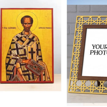 Εικόνα Ορθοδοξίας Πολυτελείας  με  σχεδιο Σταυρούς μαζι με  Βάση σε  8 χρώματα με περίγραμμα χρυσό σε ξύλο Plywood (Πλακάζ)   με  βάση Άγιος Ιωάννης ο Χρυσόστομος, Ξύλινη Χειροποίητη Εικόνα Ελληνικής Premium Βυζαντινού Στυλ Κρεμαστή σε ξύλινη πλάκα Χειροποίητη Ελληνορθόδοξη εικόνα του Ιησού Χριστού, Κρεμαστή πλάκα βυζαντινής τέχνης, χριστιανική τέχνη Διάσταση 10x7 cm (3,9 x 2,8 ίντσες)  INTRAEK3kadro3211-10973 - Image 1