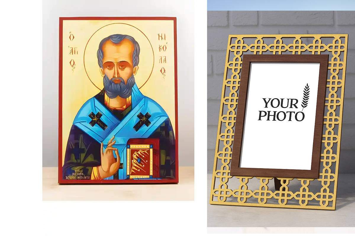 Εικόνα Ορθοδοξίας Πολυτελείας  με  σχεδιο Σταυρούς μαζι με  Βάση σε  8 χρώματα με περίγραμμα χρυσό σε ξύλο Plywood (Πλακάζ)   με  βάση Άγιος Νικόλαος των Μύρων, Ξύλινη Χειροποίητη Εικόνα Ελληνικού Premium Βυζαντινού Στυλ τοίχου Κρεμασμένη σε ξύλινη πλάκα Θρησκευτικό θέμα Μπλε πανί Χειροποίητη Ελληνορθόδοξη εικόνα του Ιησού Χριστού, Κρεμαστή πλάκα βυζαντινής τέχνης, χριστιανική τέχνη Διάσταση 10x7 cm (3,9 x 2,8 ίντσες)  INTRAEK3kadro3211-10972