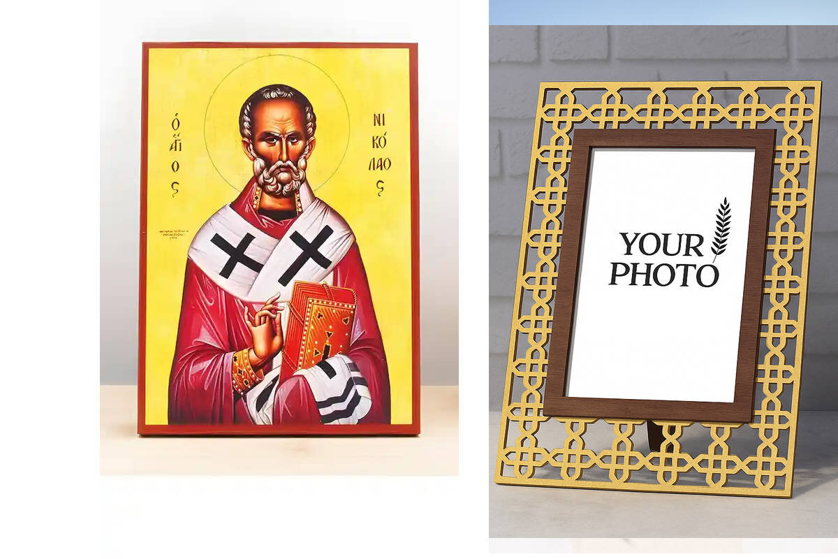 Εικόνα Ορθοδοξίας Πολυτελείας  με  σχεδιο Σταυρούς μαζι με  Βάση σε  8 χρώματα με περίγραμμα χρυσό σε ξύλο Plywood (Πλακάζ)   με  βάση Άγιος Νικόλαος των Μύρων, Ξύλινη Χειροποίητη Εικόνα Ελληνικού Premium Βυζαντινού Στυλ Κρεμασμένο σε ξύλινη πλάκα Θρησκευτικό Κόκκινο Πανί Χειροποίητη Ελληνορθόδοξη εικόνα του Ιησού Χριστού, Κρεμαστή πλάκα βυζαντινής τέχνης, χριστιανική τέχνη Διάσταση 15x11 cm (5,9 x 4,3 ίντσες)  INTRAEK3kadro3211-610971