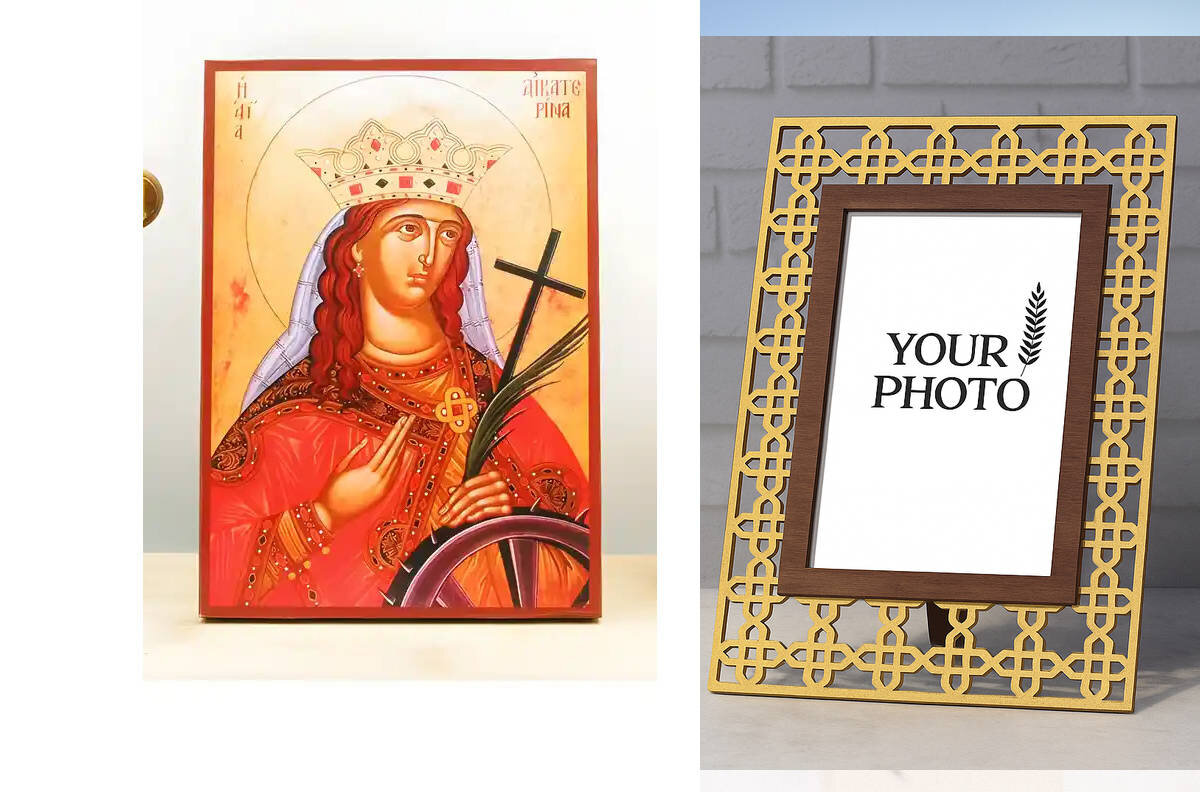 Εικόνα Ορθοδοξίας Πολυτελείας  με  σχεδιο Σταυρούς μαζι με  Βάση σε  8 χρώματα με περίγραμμα χρυσό σε ξύλο Plywood (Πλακάζ)   με  βάση Αγία Αικατερίνη «Αικατερίνη» Αλεξάνδρειας, Ξύλινη Χειροποίητη Εικόνα Ελληνικού Βυζαντινού Στυλ Κρεμασμένη σε ξύλινη πλάκα Χειροποίητη Ελληνορθόδοξη εικόνα του Ιησού Χριστού, Κρεμαστή πλάκα βυζαντινής τέχνης, χριστιανική τέχνη Διάσταση 15x11 cm (5,9 x 4,3 ίντσες)  INTRAEK3kadro3211-610970