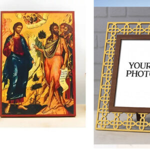 Εικόνα Ορθοδοξίας Πολυτελείας με σχεδιο Σταυρούς μαζι με Βάση σε 8 χρώματα με περίγραμμα χρυσό σε ξύλο Plywood (Πλακάζ) με βάση Ο Ιησούς Χριστός και ο Άγιος Ιωάννης ο Πρόδρομος «Ιδού το αρνί του Θεού», Ξύλινη Χειροποίητη Εικόνα Ελληνικού Βυζαντινού Στυλ Κρεμασμένη σε Πλάκα Χειροποίητη Ελληνορθόδοξη εικόνα του Ιησού Χριστού, Κρεμαστή πλάκα βυζαντινής τέχνης, χριστιανική τέχνη Διάσταση 10x7 cm (3,9 x 2,8 ίντσες) INTRAEK3kadro3211-10968