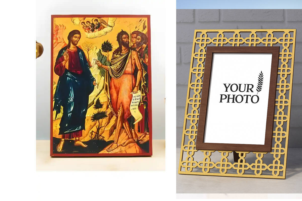 Εικόνα Ορθοδοξίας Πολυτελείας  με  σχεδιο Σταυρούς μαζι με  Βάση σε  8 χρώματα με περίγραμμα χρυσό σε ξύλο Plywood (Πλακάζ)   με  βάση Ο Ιησούς Χριστός και ο Άγιος Ιωάννης ο Πρόδρομος «Ιδού το αρνί του Θεού», Ξύλινη Χειροποίητη Εικόνα Ελληνικού Βυζαντινού Στυλ Κρεμασμένη σε Πλάκα Χειροποίητη Ελληνορθόδοξη εικόνα του Ιησού Χριστού, Κρεμαστή πλάκα βυζαντινής τέχνης, χριστιανική τέχνη Διάσταση 15x11 cm (5,9 x 4,3 ίντσες)  INTRAEK3kadro3211-610968