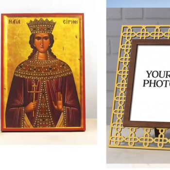 Εικόνα Ορθοδοξίας Πολυτελείας  με  σχεδιο Σταυρούς μαζι με  Βάση σε  8 χρώματα με περίγραμμα χρυσό σε ξύλο Plywood (Πλακάζ)   με  βάση Αγία Ειρήνη η Μεγαλομάρτυς, Ξύλινη Χειροποίητη Εικόνα Ελληνικής Κορυφαίας Βυζαντινής Στυλ Κρεμασμένη σε ξύλινη πλάκα Χειροποίητη Ελληνορθόδοξη εικόνα του Ιησού Χριστού, Κρεμαστή πλάκα βυζαντινής τέχνης, χριστιανική τέχνη Διάσταση 10x7 cm (3,9 x 2,8 ίντσες)  INTRAEK3kadro3211-10967 - Image 1