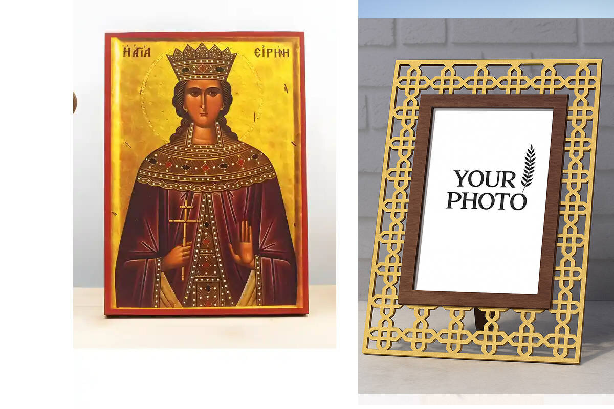 Εικόνα Ορθοδοξίας Πολυτελείας  με  σχεδιο Σταυρούς μαζι με  Βάση σε  8 χρώματα με περίγραμμα χρυσό σε ξύλο Plywood (Πλακάζ)   με  βάση Αγία Ειρήνη η Μεγαλομάρτυς, Ξύλινη Χειροποίητη Εικόνα Ελληνικής Κορυφαίας Βυζαντινής Στυλ Κρεμασμένη σε ξύλινη πλάκα Χειροποίητη Ελληνορθόδοξη εικόνα του Ιησού Χριστού, Κρεμαστή πλάκα βυζαντινής τέχνης, χριστιανική τέχνη Διάσταση 15x11 cm (5,9 x 4,3 ίντσες)  INTRAEK3kadro3211-610967