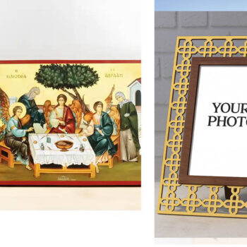 Εικόνα Ορθοδοξίας Πολυτελείας  με  σχεδιο Σταυρούς μαζι με  Βάση σε  8 χρώματα με περίγραμμα χρυσό σε ξύλο Plywood (Πλακάζ)   με  βάση Η Φιλοξενία του Αβραάμ και της Σάρας, Ξύλινη Χειροποίητη Εικόνα Ελληνικού Βυζαντινού Στυλ τοίχου που κρέμεται σε ξύλινη πλάκα Θρησκευτικό θέμα Χειροποίητη Ελληνορθόδοξη εικόνα του Ιησού Χριστού, Κρεμαστή πλάκα βυζαντινής τέχνης, χριστιανική τέχνη Διάσταση 15x11 cm (5,9 x 4,3 ίντσες)  INTRAEK3kadro3211-610966 - Image 1