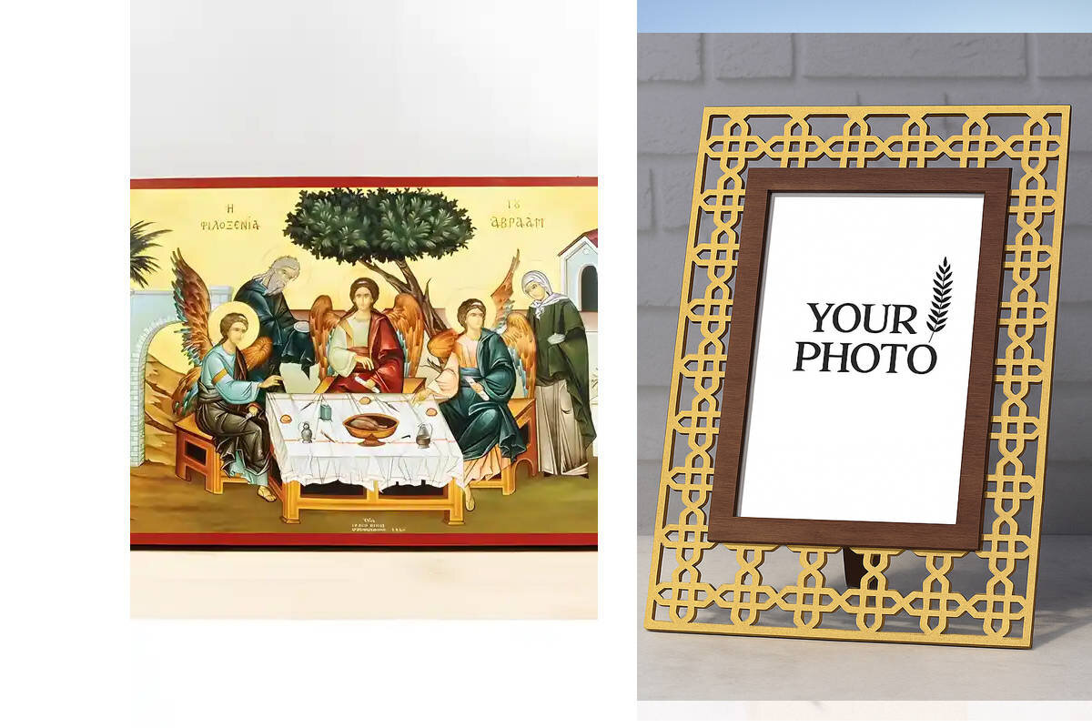 Εικόνα Ορθοδοξίας Πολυτελείας  με  σχεδιο Σταυρούς μαζι με  Βάση σε  8 χρώματα με περίγραμμα χρυσό σε ξύλο Plywood (Πλακάζ)   με  βάση Η Φιλοξενία του Αβραάμ και της Σάρας, Ξύλινη Χειροποίητη Εικόνα Ελληνικού Βυζαντινού Στυλ τοίχου που κρέμεται σε ξύλινη πλάκα Θρησκευτικό θέμα Χειροποίητη Ελληνορθόδοξη εικόνα του Ιησού Χριστού, Κρεμαστή πλάκα βυζαντινής τέχνης, χριστιανική τέχνη Διάσταση 15x11 cm (5,9 x 4,3 ίντσες)  INTRAEK3kadro3211-610966