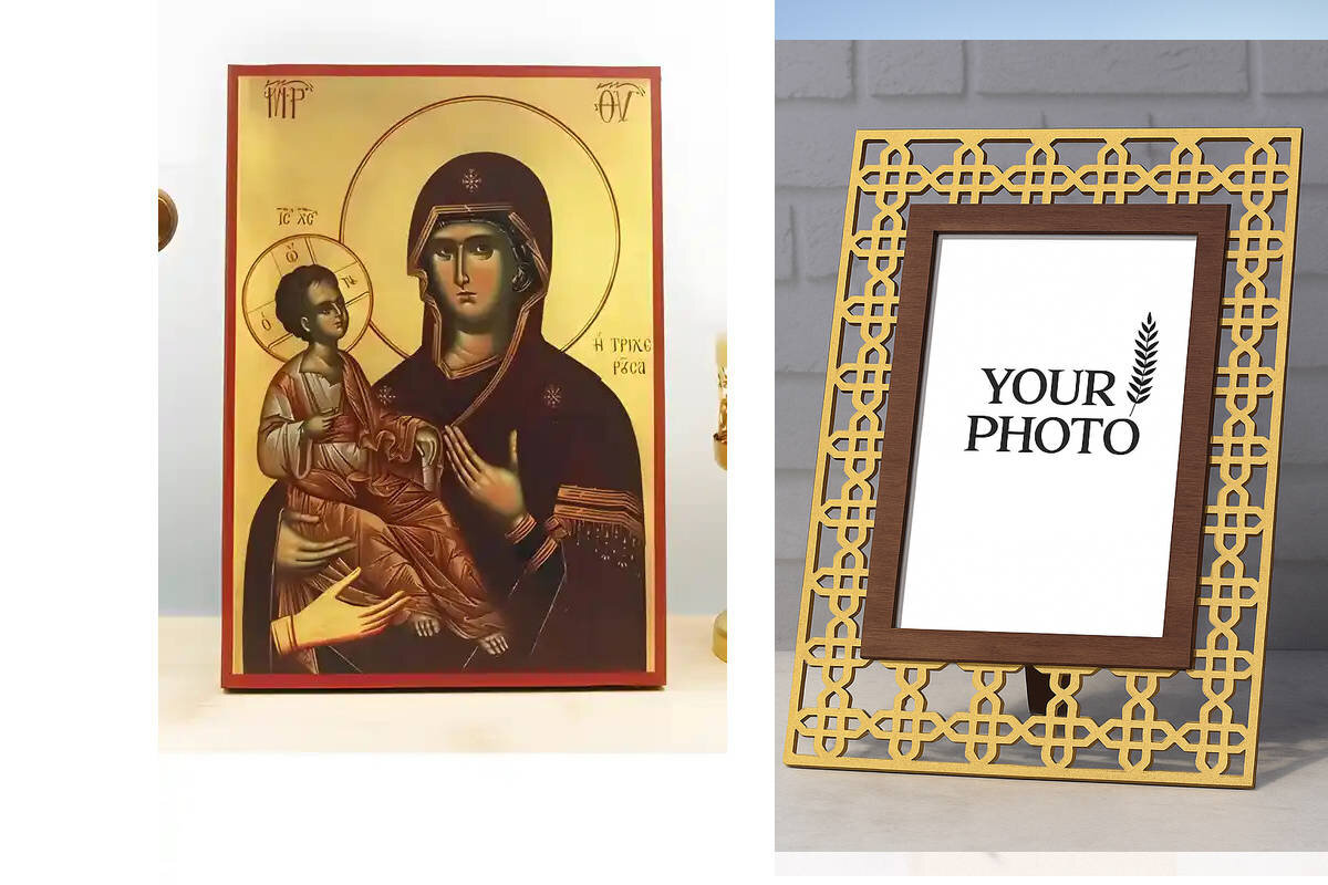 Εικόνα Ορθοδοξίας Πολυτελείας  με  σχεδιο Σταυρούς μαζι με  Βάση σε  8 χρώματα με περίγραμμα χρυσό σε ξύλο Plywood (Πλακάζ)   με  βάση Παναγία η Τριξερούσα με τον Ιησού, Ξύλινη Χειροποίητη Εικόνα Ελληνικής Βυζαντινής Τεχνοτροπίας Κρεμασμένη σε ξύλινη πλάκα Χειροποίητη Ελληνορθόδοξη εικόνα του Ιησού Χριστού, Κρεμαστή πλάκα βυζαντινής τέχνης, χριστιανική τέχνη Διάσταση 15x11 cm (5,9 x 4,3 ίντσες)  INTRAEK3kadro3211-610961