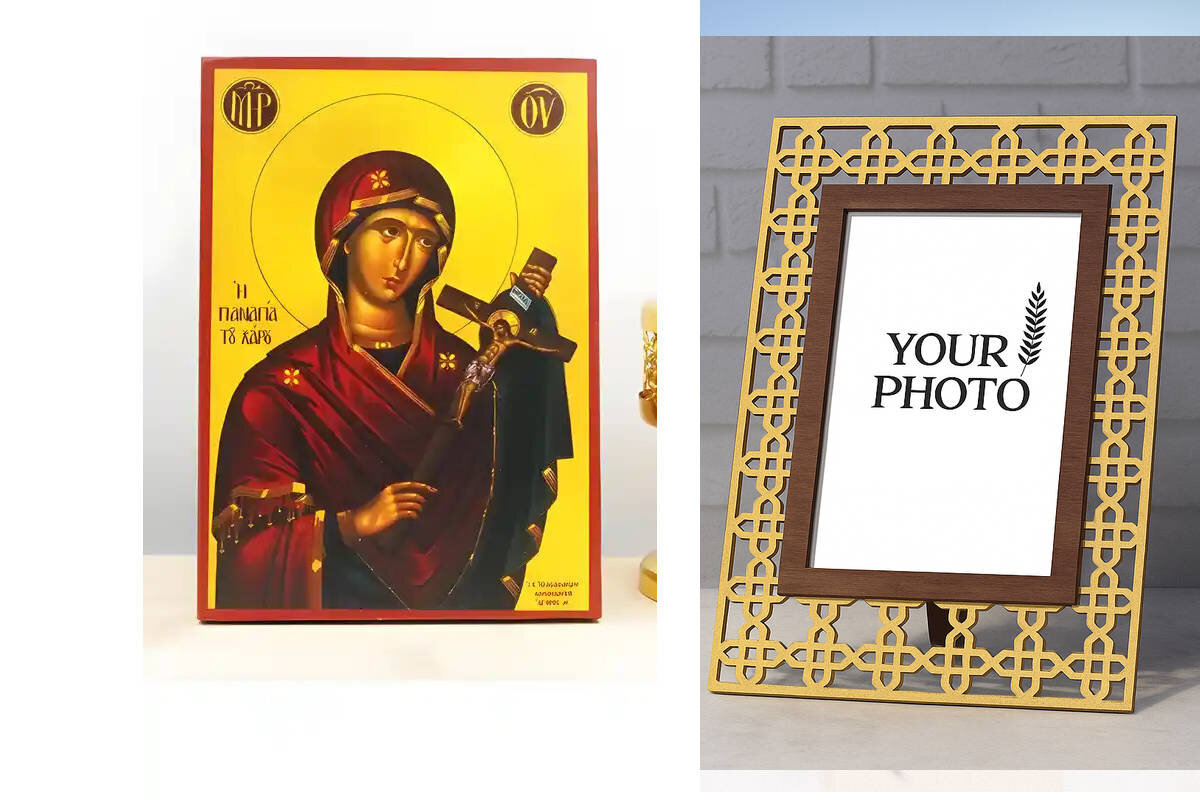 Εικόνα Ορθοδοξίας Πολυτελείας  με  σχεδιο Σταυρούς μαζι με  Βάση σε  8 χρώματα με περίγραμμα χρυσό σε ξύλο Plywood (Πλακάζ)   με  βάση Παναγία του Χάρου με τον Ιησού Εσταυρωμένο, Ξύλινη Χειροποίητη Εικόνα Ελληνικού Premium Βυζαντινού Στυλ τοίχου Κρεμασμένη σε ξύλινη πλάκα Θρησκευτικό Χειροποίητη Ελληνορθόδοξη εικόνα του Ιησού Χριστού, Κρεμαστή πλάκα βυζαντινής τέχνης, χριστιανική τέχνη Διάσταση 15x11 cm (5,9 x 4,3 ίντσες)  INTRAEK3kadro3211-610960