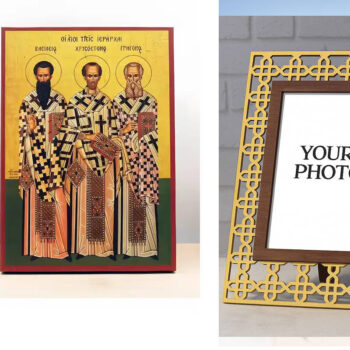 Εικόνα Ορθοδοξίας Πολυτελείας  με  σχεδιο Σταυρούς μαζι με  Βάση σε  8 χρώματα με περίγραμμα χρυσό σε ξύλο Plywood (Πλακάζ)   με  βάση Άγιοι Τρεις Ιεράρχες Πατέρες της Εκκλησίας, Ξύλινη Χειροποίητη Εικόνα Ελληνικού Βυζαντινού Στυλ υψηλής ποιότητας Κρεμασμένη σε ξύλινη πλάκα Χειροποίητη Ελληνορθόδοξη εικόνα του Ιησού Χριστού, Κρεμαστή πλάκα βυζαντινής τέχνης, χριστιανική τέχνη Διάσταση 15x11 cm (5,9 x 4,3 ίντσες)  INTRAEK3kadro3211-610959 - Image 1
