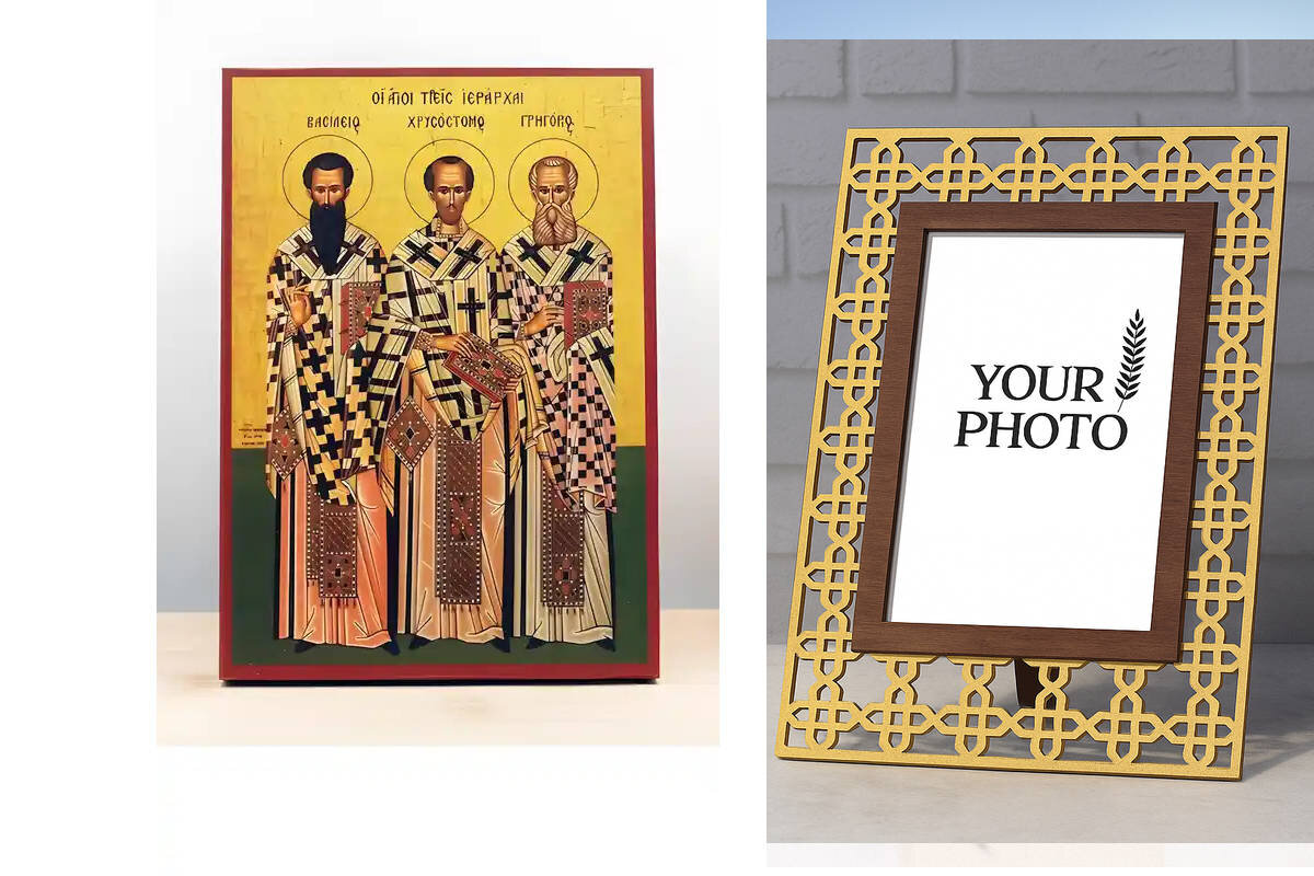 Εικόνα Ορθοδοξίας Πολυτελείας  με  σχεδιο Σταυρούς μαζι με  Βάση σε  8 χρώματα με περίγραμμα χρυσό σε ξύλο Plywood (Πλακάζ)   με  βάση Άγιοι Τρεις Ιεράρχες Πατέρες της Εκκλησίας, Ξύλινη Χειροποίητη Εικόνα Ελληνικού Βυζαντινού Στυλ υψηλής ποιότητας Κρεμασμένη σε ξύλινη πλάκα Χειροποίητη Ελληνορθόδοξη εικόνα του Ιησού Χριστού, Κρεμαστή πλάκα βυζαντινής τέχνης, χριστιανική τέχνη Διάσταση 10x7 cm (3,9 x 2,8 ίντσες)  INTRAEK3kadro3211-10959