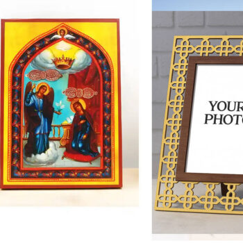 Εικόνα Ορθοδοξίας Πολυτελείας  με  σχεδιο Σταυρούς μαζι με  Βάση σε  8 χρώματα με περίγραμμα χρυσό σε ξύλο Plywood (Πλακάζ)   με  βάση Ο Ευαγγελισμός της Θεοτόκου "Κυρά της Τήνου", Ξύλινη Χειροποίητη Εικόνα Ελληνικής Premium Βυζαντινού Στυλ Κρεμαστή σε Ξύλινη Πλάκα Θρησκευτικό Χειροποίητη Ελληνορθόδοξη εικόνα του Ιησού Χριστού, Κρεμαστή πλάκα βυζαντινής τέχνης, χριστιανική τέχνη Διάσταση 15x11 cm (5,9 x 4,3 ίντσες)  INTRAEK3kadro3211-610957 - Image 1