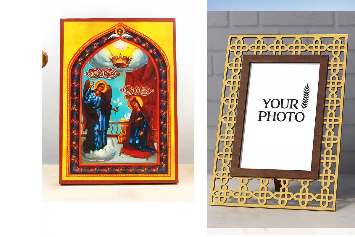 Εικόνα Ορθοδοξίας Πολυτελείας  με  σχεδιο Σταυρούς μαζι με  Βάση σε  8 χρώματα με περίγραμμα χρυσό σε ξύλο Plywood (Πλακάζ)   με  βάση Ο Ευαγγελισμός της Θεοτόκου "Κυρά της Τήνου", Ξύλινη Χειροποίητη Εικόνα Ελληνικής Premium Βυζαντινού Στυλ Κρεμαστή σε Ξύλινη Πλάκα Θρησκευτικό Χειροποίητη Ελληνορθόδοξη εικόνα του Ιησού Χριστού, Κρεμαστή πλάκα βυζαντινής τέχνης, χριστιανική τέχνη Διάσταση 10x7 cm (3,9 x 2,8 ίντσες)  INTRAEK3kadro3211-10957