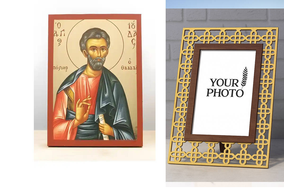 Εικόνα Ορθοδοξίας Πολυτελείας  με  σχεδιο Σταυρούς μαζι με  Βάση σε  8 χρώματα με περίγραμμα χρυσό σε ξύλο Plywood (Πλακάζ)   με  βάση Άγιος Απόστολος Ιούδας Θαδδαίος, Ξύλινη Χειροποίητη Εικόνα με Ψηφιακή Εκτύπωση Ελληνικό Premium Βυζαντινού Στυλ Κρεμαστό τοίχου Θρησκευτικό Θέμα Χειροποίητη Ελληνορθόδοξη εικόνα του Ιησού Χριστού, Κρεμαστή πλάκα βυζαντινής τέχνης, χριστιανική τέχνη Διάσταση 10x7 cm (3,9 x 2,8 ίντσες)  INTRAEK3kadro3211-10956