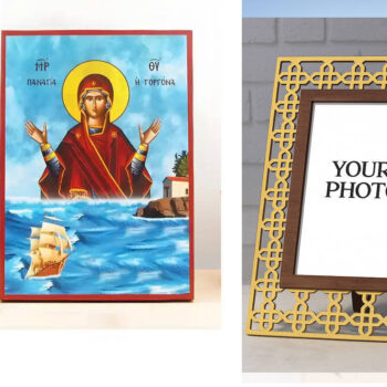 Εικόνα Ορθοδοξίας Πολυτελείας  με  σχεδιο Σταυρούς μαζι με  Βάση σε  8 χρώματα με περίγραμμα χρυσό σε ξύλο Plywood (Πλακάζ)   με  βάση Παναγία η Γοργόνα, Ξύλινη Χειροποίητη Εικόνα Ελληνικού Premium Βυζαντινού Στυλ Κρεμαστή σε ξύλινη πλάκα Θρησκευτικό θέμα Χειροποίητη Ελληνορθόδοξη εικόνα του Ιησού Χριστού, Κρεμαστή πλάκα βυζαντινής τέχνης, χριστιανική τέχνη Διάσταση 10x7 cm (3,9 x 2,8 ίντσες)  INTRAEK3kadro3211-10952 - Image 1