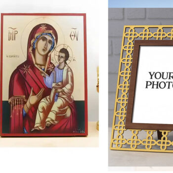 Εικόνα Ορθοδοξίας Πολυτελείας  με  σχεδιο Σταυρούς μαζι με  Βάση σε  8 χρώματα με περίγραμμα χρυσό σε ξύλο Plywood (Πλακάζ)   με  βάση Η Παναγία η Οδηγήτρια με τον Ιησού, Ξύλινη Χειροποίητη Εικόνα Ελληνικού Βυζαντινού Στυλ Κρεμαστή σε Ξύλινη Πλάκα Θρησκευτικό Θέμα Χειροποίητη Ελληνορθόδοξη εικόνα του Ιησού Χριστού, Κρεμαστή πλάκα βυζαντινής τέχνης, χριστιανική τέχνη Διάσταση 15x11 cm (5,9 x 4,3 ίντσες)  INTRAEK3kadro3211-610950 - Image 1