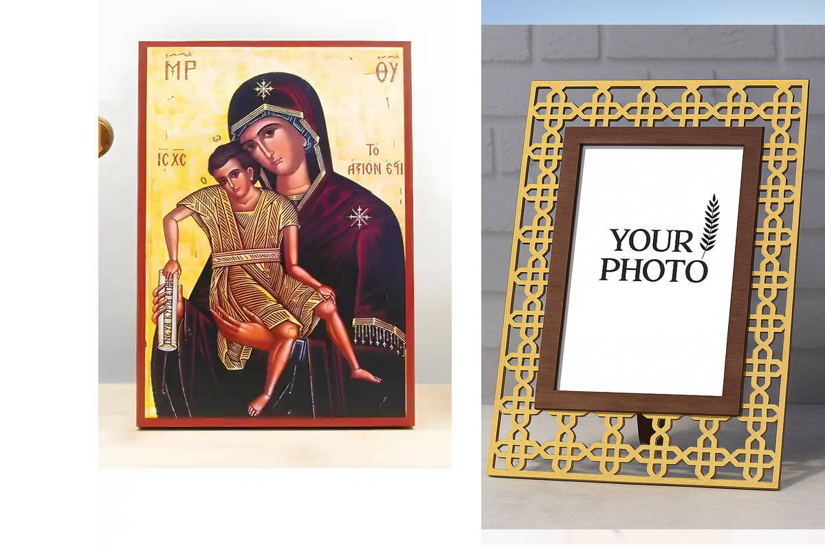 Εικόνα Ορθοδοξίας Πολυτελείας  με  σχεδιο Σταυρούς μαζι με  Βάση σε  8 χρώματα με περίγραμμα χρυσό σε ξύλο Plywood (Πλακάζ)   με  βάση Παναγία Άξιον Εστί με τον Ιησού, Ξύλινη Χειροποίητη Εικόνα Ελληνικού Βυζαντινού Στυλ Κρεμασμένη σε ξύλινη πλάκα Χειροποίητη Ελληνορθόδοξη εικόνα του Ιησού Χριστού, Κρεμαστή πλάκα βυζαντινής τέχνης, χριστιανική τέχνη Διάσταση 15x11 cm (5,9 x 4,3 ίντσες)  INTRAEK3kadro3211-610948