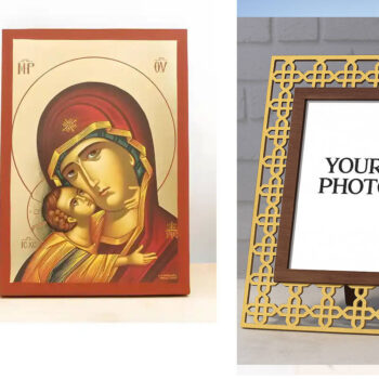 Εικόνα Ορθοδοξίας Πολυτελείας  με  σχεδιο Σταυρούς μαζι με  Βάση σε  8 χρώματα με περίγραμμα χρυσό σε ξύλο Plywood (Πλακάζ)   με  βάση Παναγία με πορτρέτο του Ιησού, Ξύλινη χειροποίητη εικόνα με χρυσό φύλλο επιτοίχιας ελληνικής βυζαντινής τεχνοτροπίας Premium Χειροποίητη Ελληνορθόδοξη εικόνα του Ιησού Χριστού, Κρεμαστή πλάκα βυζαντινής τέχνης, χριστιανική τέχνη Διάσταση 10x7 cm (3,9 x 2,8 ίντσες)  INTRAEK3kadro3211-10947 - Image 1