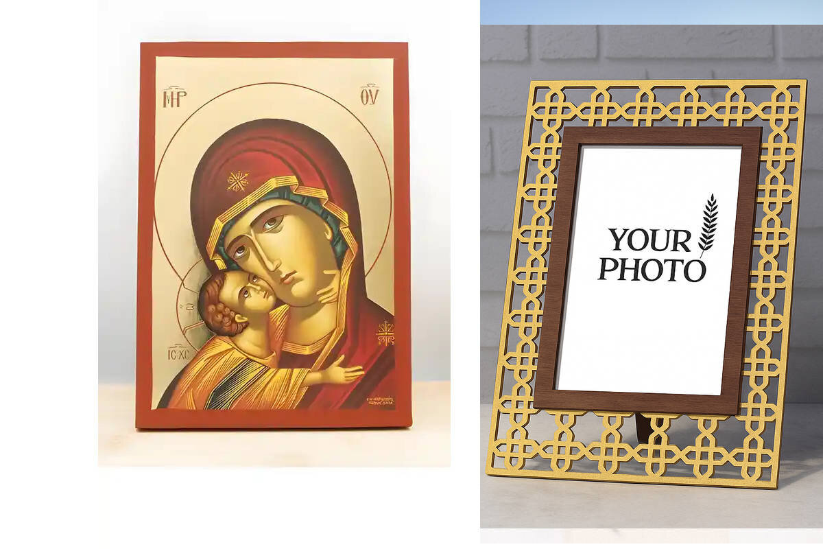 Εικόνα Ορθοδοξίας Πολυτελείας  με  σχεδιο Σταυρούς μαζι με  Βάση σε  8 χρώματα με περίγραμμα χρυσό σε ξύλο Plywood (Πλακάζ)   με  βάση Παναγία με πορτρέτο του Ιησού, Ξύλινη χειροποίητη εικόνα με χρυσό φύλλο επιτοίχιας ελληνικής βυζαντινής τεχνοτροπίας Premium Χειροποίητη Ελληνορθόδοξη εικόνα του Ιησού Χριστού, Κρεμαστή πλάκα βυζαντινής τέχνης, χριστιανική τέχνη Διάσταση 10x7 cm (3,9 x 2,8 ίντσες)  INTRAEK3kadro3211-10947