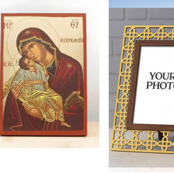 Εικόνα Ορθοδοξίας Πολυτελείας  με  σχεδιο Σταυρούς μαζι με  Βάση σε  8 χρώματα με περίγραμμα χρυσό σε ξύλο Plywood (Πλακάζ)   με  βάση Παναγία Γλυκό Φιλί «Γλυκοφιλούσα» με τον Ιησού, Ξύλινη Χειροποίητη Εικόνα με Ψηφιακή Εκτύπωση Ελληνικό Premium Βυζαντινό Στυλ Επιτοίχιο Θρησκευτικό Χειροποίητη Ελληνορθόδοξη εικόνα του Ιησού Χριστού, Κρεμαστή πλάκα βυζαντινής τέχνης, χριστιανική τέχνη Διάσταση 10x7 cm (3,9 x 2,8 ίντσες)  INTRAEK3kadro3211-10946 - Image 1