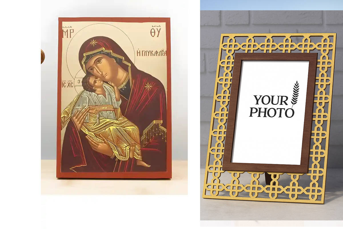 Εικόνα Ορθοδοξίας Πολυτελείας  με  σχεδιο Σταυρούς μαζι με  Βάση σε  8 χρώματα με περίγραμμα χρυσό σε ξύλο Plywood (Πλακάζ)   με  βάση Παναγία Γλυκό Φιλί «Γλυκοφιλούσα» με τον Ιησού, Ξύλινη Χειροποίητη Εικόνα με Ψηφιακή Εκτύπωση Ελληνικό Premium Βυζαντινό Στυλ Επιτοίχιο Θρησκευτικό Χειροποίητη Ελληνορθόδοξη εικόνα του Ιησού Χριστού, Κρεμαστή πλάκα βυζαντινής τέχνης, χριστιανική τέχνη Διάσταση 10x7 cm (3,9 x 2,8 ίντσες)  INTRAEK3kadro3211-10946