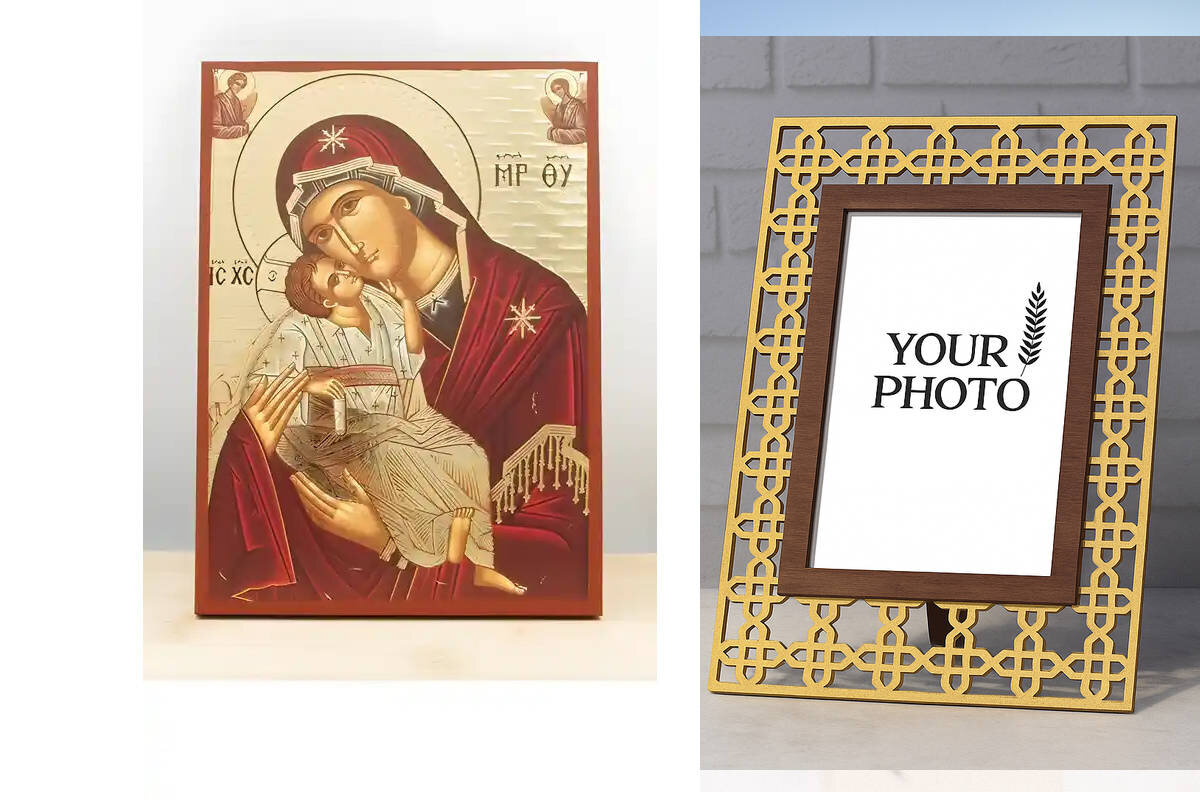 Εικόνα Ορθοδοξίας Πολυτελείας  με  σχεδιο Σταυρούς μαζι με  Βάση σε  8 χρώματα με περίγραμμα χρυσό σε ξύλο Plywood (Πλακάζ)   με  βάση Παναγία Γλυκό Φιλί «Γλυκοφιλούσα» με τον Ιησού, Ξύλινη Χειροποίητη Εικόνα με Χαρακτική Ελληνική Βυζαντινού Στυλ τοίχου Χειροποίητη Ελληνορθόδοξη εικόνα του Ιησού Χριστού, Κρεμαστή πλάκα βυζαντινής τέχνης, χριστιανική τέχνη Διάσταση 15x11 cm (5,9 x 4,3 ίντσες)  INTRAEK3kadro3211-610945