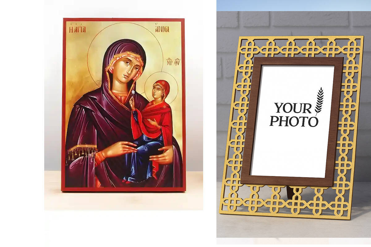 Εικόνα Ορθοδοξίας Πολυτελείας  με  σχεδιο Σταυρούς μαζι με  Βάση σε  8 χρώματα με περίγραμμα χρυσό σε ξύλο Plywood (Πλακάζ)   με  βάση Αγία Άννα «Άννα» μητέρα της Παναγίας, Ξύλινη Χειροποίητη Εικόνα Ελληνικού Premium Βυζαντινού Στυλ Κρεμασμένη σε ξύλινη πλάκα Χειροποίητη Ελληνορθόδοξη εικόνα του Ιησού Χριστού, Κρεμαστή πλάκα βυζαντινής τέχνης, χριστιανική τέχνη Διάσταση 10x7 cm (3,9 x 2,8 ίντσες)  INTRAEK3kadro3211-10944