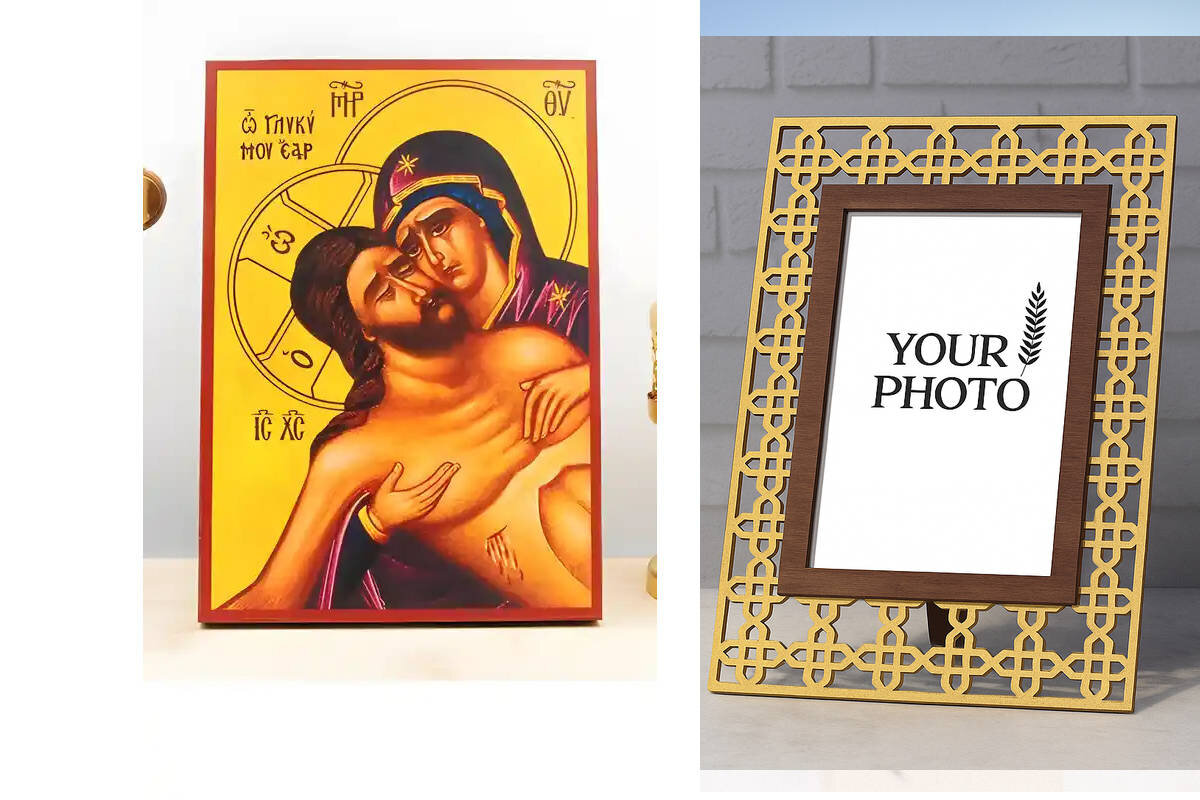 Εικόνα Ορθοδοξίας Πολυτελείας  με  σχεδιο Σταυρούς μαζι με  Βάση σε  8 χρώματα με περίγραμμα χρυσό σε ξύλο Plywood (Πλακάζ)   με  βάση Εξαιρετική Ταπεινοφροσύνη του Ιησού Χριστού «Άνθρωπος των Θλίψεων» με την Παναγία, Ξύλινη Χειροποίητη Εικόνα Ελληνικής Βυζαντινής Στυλ Κρεμάστρα τοίχου Χειροποίητη Ελληνορθόδοξη εικόνα του Ιησού Χριστού, Κρεμαστή πλάκα βυζαντινής τέχνης, χριστιανική τέχνη Διάσταση 15x11 cm (5,9 x 4,3 ίντσες)  INTRAEK3kadro3211-610943