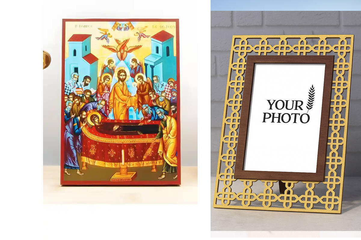 Εικόνα Ορθοδοξίας Πολυτελείας  με  σχεδιο Σταυρούς μαζι με  Βάση σε  8 χρώματα με περίγραμμα χρυσό σε ξύλο Plywood (Πλακάζ)   με  βάση Η Κοίμηση της Θεοτόκου με τον Ιησού, Ξύλινη Χειροποίητη Εικόνα Ελληνικού Premium Βυζαντινού Στυλ Κρεμασμένο σε ξύλινη πλάκα Θρησκευτικό θέμα Χειροποίητη Ελληνορθόδοξη εικόνα του Ιησού Χριστού, Κρεμαστή πλάκα βυζαντινής τέχνης, χριστιανική τέχνη Διάσταση 10x7 cm (3,9 x 2,8 ίντσες)  INTRAEK3kadro3211-10941