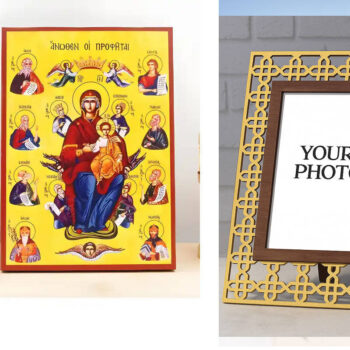 Εικόνα Ορθοδοξίας Πολυτελείας  με  σχεδιο Σταυρούς μαζι με  Βάση σε  8 χρώματα με περίγραμμα χρυσό σε ξύλο Plywood (Πλακάζ)   με  βάση Η Παναγία με τον Ιησού τους Προφήτες από πάνω, Ξύλινη Χειροποίητη Εικόνα Ελληνικού Premium Βυζαντινού Στυλ τοίχου Κρεμασμένη σε ξύλινη πλάκα Θρησκευτικό Χειροποίητη Ελληνορθόδοξη εικόνα του Ιησού Χριστού, Κρεμαστή πλάκα βυζαντινής τέχνης, χριστιανική τέχνη Διάσταση 15x11 cm (5,9 x 4,3 ίντσες)  INTRAEK3kadro3211-610940 - Image 1