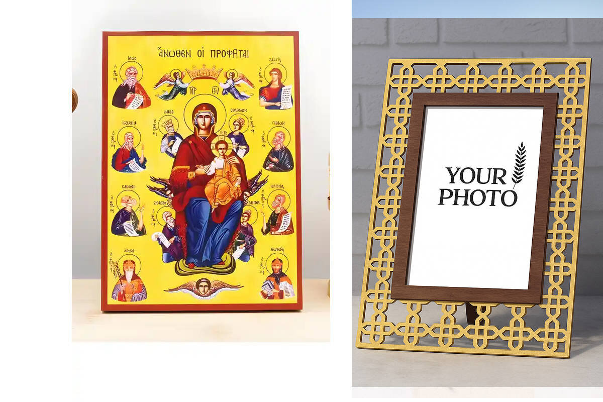 Εικόνα Ορθοδοξίας Πολυτελείας  με  σχεδιο Σταυρούς μαζι με  Βάση σε  8 χρώματα με περίγραμμα χρυσό σε ξύλο Plywood (Πλακάζ)   με  βάση Η Παναγία με τον Ιησού τους Προφήτες από πάνω, Ξύλινη Χειροποίητη Εικόνα Ελληνικού Premium Βυζαντινού Στυλ τοίχου Κρεμασμένη σε ξύλινη πλάκα Θρησκευτικό Χειροποίητη Ελληνορθόδοξη εικόνα του Ιησού Χριστού, Κρεμαστή πλάκα βυζαντινής τέχνης, χριστιανική τέχνη Διάσταση 10x7 cm (3,9 x 2,8 ίντσες)  INTRAEK3kadro3211-10940