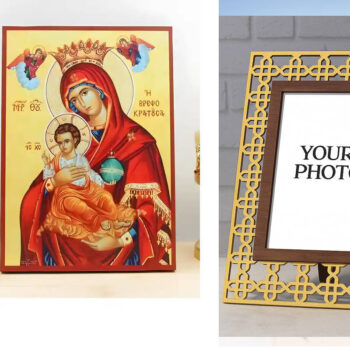 Εικόνα Ορθοδοξίας Πολυτελείας  με  σχεδιο Σταυρούς μαζι με  Βάση σε  8 χρώματα με περίγραμμα χρυσό σε ξύλο Plywood (Πλακάζ)   με  βάση Η Παναγία Βρεφοκρατούσα «Βρεφοκρατούσα» με τον Ιησού, Ξύλινη Χειροποίητη Εικόνα Ελληνικής Ακριβούς Βυζαντινής τεχνοτροπίας Κρεμασμένη σε ξύλινη πλάκα Χειροποίητη Ελληνορθόδοξη εικόνα του Ιησού Χριστού, Κρεμαστή πλάκα βυζαντινής τέχνης, χριστιανική τέχνη Διάσταση 15x11 cm (5,9 x 4,3 ίντσες)  INTRAEK3kadro3211-610938 - Image 1