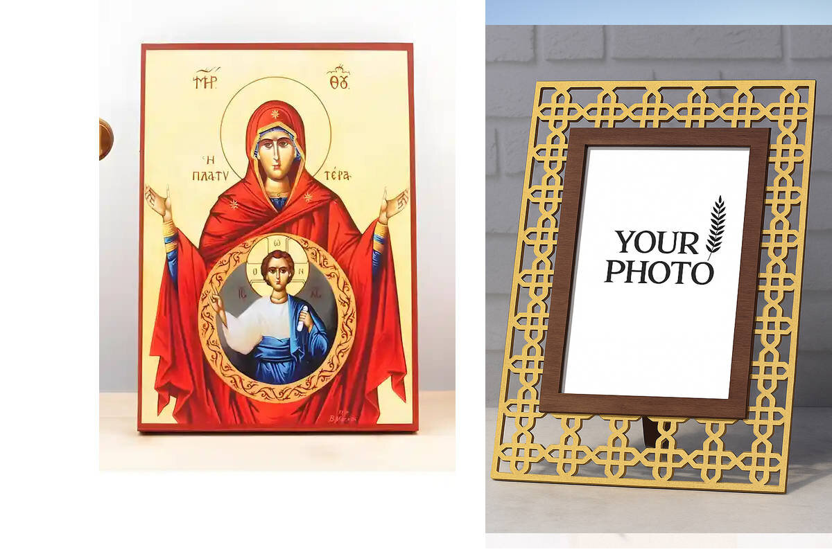 Εικόνα Ορθοδοξίας Πολυτελείας  με  σχεδιο Σταυρούς μαζι με  Βάση σε  8 χρώματα με περίγραμμα χρυσό σε ξύλο Plywood (Πλακάζ)   με  βάση Παναγία με τον Ιησού Πιο ευρύχωρο κι από τους ουρανούς «Πλατυτέρα», Ξύλινη Χειροποίητη Εικόνα Ελληνικής Βυζαντινής Στυλ Κρεμαστή σε τοίχο Χειροποίητη Ελληνορθόδοξη εικόνα του Ιησού Χριστού, Κρεμαστή πλάκα βυζαντινής τέχνης, χριστιανική τέχνη Διάσταση 10x7 cm (3,9 x 2,8 ίντσες)  INTRAEK3kadro3211-10933