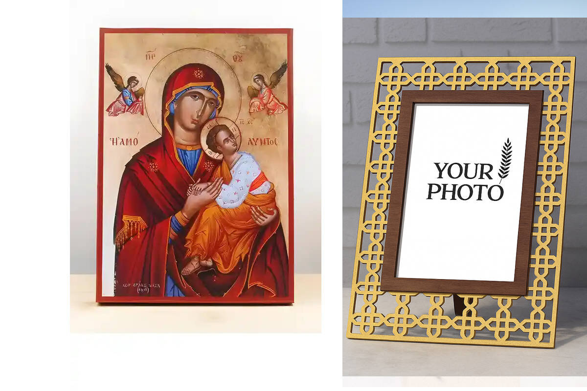 Εικόνα Ορθοδοξίας Πολυτελείας  με  σχεδιο Σταυρούς μαζι με  Βάση σε  8 χρώματα με περίγραμμα χρυσό σε ξύλο Plywood (Πλακάζ)   με  βάση Παναγία αμόλυντη «Αμόλυντος» με τον Ιησού, Ξύλινη Χειροποίητη Εικόνα Ελληνική Premium Βυζαντινού Στυλ τοίχου Κρεμασμένη σε Ξύλινη Πλάκα Θρησκευτικό Χειροποίητη Ελληνορθόδοξη εικόνα του Ιησού Χριστού, Κρεμαστή πλάκα βυζαντινής τέχνης, χριστιανική τέχνη Διάσταση 10x7 cm (3,9 x 2,8 ίντσες)  INTRAEK3kadro3211-10932