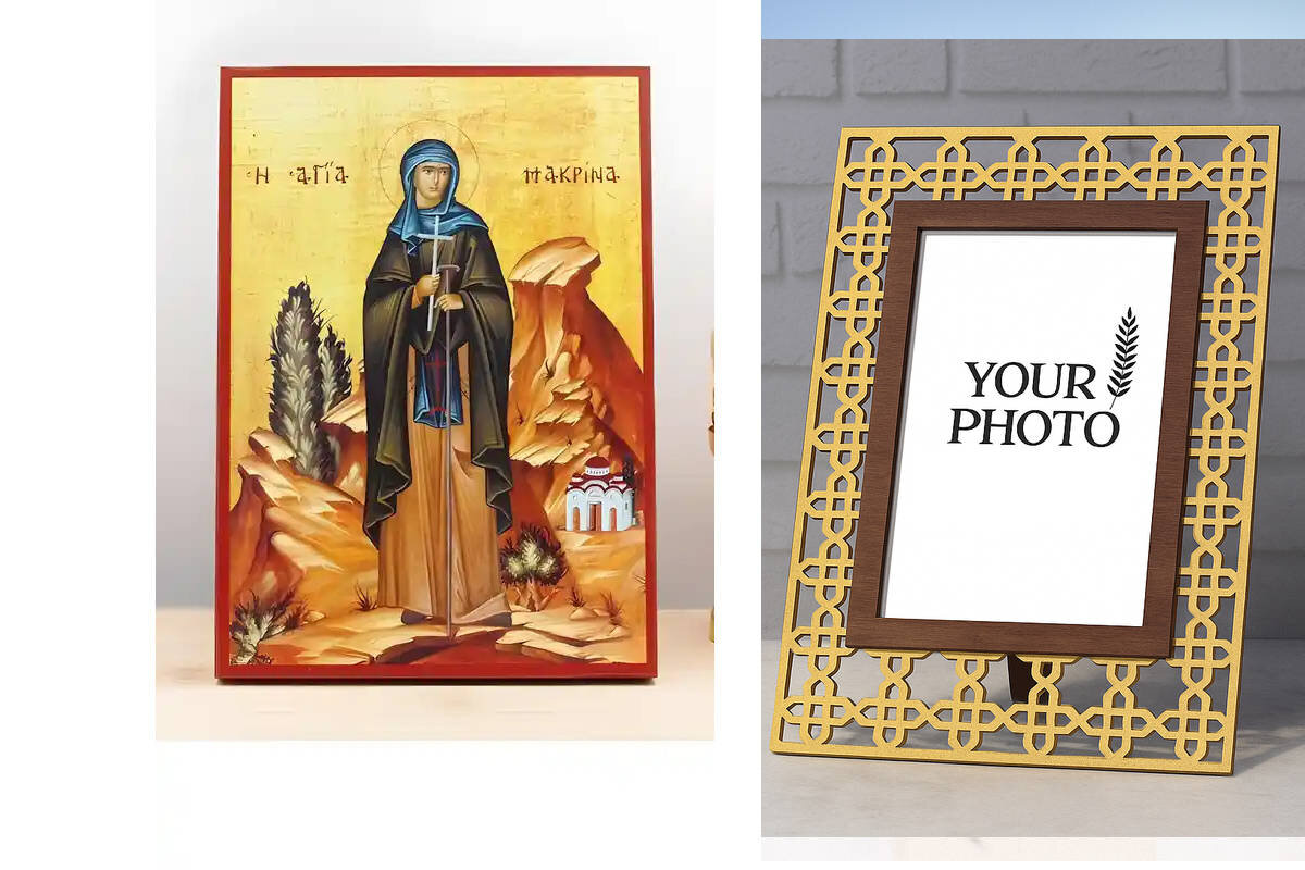 Εικόνα Ορθοδοξίας Πολυτελείας  με  σχεδιο Σταυρούς μαζι με  Βάση σε  8 χρώματα με περίγραμμα χρυσό σε ξύλο Plywood (Πλακάζ)   με  βάση Η Αγία Μακρίνα η Νεότερη, Ξύλινη Χειροποίητη Εικόνα Ελληνικού Premium Βυζαντινού Στυλ Κρεμασμένη σε ξύλινη πλάκα Χειροποίητη Ελληνορθόδοξη εικόνα του Ιησού Χριστού, Κρεμαστή πλάκα βυζαντινής τέχνης, χριστιανική τέχνη Διάσταση 10x7 cm (3,9 x 2,8 ίντσες)  INTRAEK3kadro3211-10930