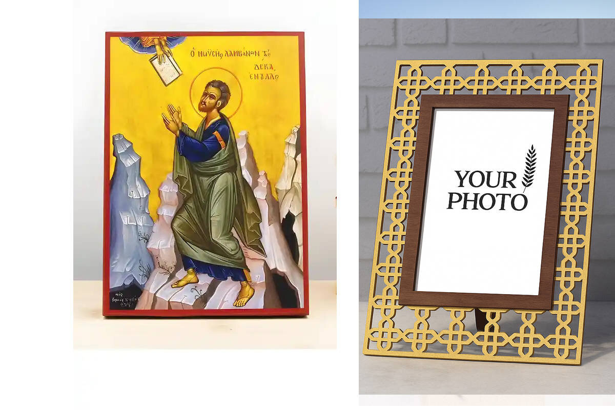 Εικόνα Ορθοδοξίας Πολυτελείας  με  σχεδιο Σταυρούς μαζι με  Βάση σε  8 χρώματα με περίγραμμα χρυσό σε ξύλο Plywood (Πλακάζ)   με  βάση Ο Μωυσής λαμβάνει τις Δέκα Εντολές, Ξύλινη Χειροποίητη Εικόνα Ελληνικού Βυζαντινού Στυλ τοίχου Κρεμασμένη σε ξύλινη πλάκα Θρησκευτικό θέμα Χειροποίητη Ελληνορθόδοξη εικόνα του Ιησού Χριστού, Κρεμαστή πλάκα βυζαντινής τέχνης, χριστιανική τέχνη Διάσταση 10x7 cm (3,9 x 2,8 ίντσες)  INTRAEK3kadro3211-10928