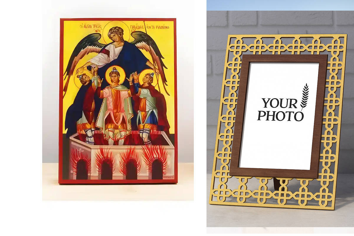 Εικόνα Ορθοδοξίας Πολυτελείας  με  σχεδιο Σταυρούς μαζι με  Βάση σε  8 χρώματα με περίγραμμα χρυσό σε ξύλο Plywood (Πλακάζ)   με  βάση The Three Childrens in Camino “Abdenago, Shadrach and Misach”, Ξύλινη Χειροποίητη Εικόνα Ελληνικού Premium Βυζαντινού Στυλ Κρεμασμένη σε Πλάκα Χειροποίητη Ελληνορθόδοξη εικόνα του Ιησού Χριστού, Κρεμαστή πλάκα βυζαντινής τέχνης, χριστιανική τέχνη Διάσταση 10x7 cm (3,9 x 2,8 ίντσες)  INTRAEK3kadro3211-10927