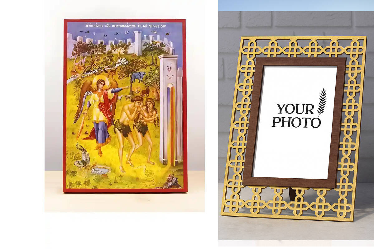 Εικόνα Ορθοδοξίας Πολυτελείας  με  σχεδιο Σταυρούς μαζι με  Βάση σε  8 χρώματα με περίγραμμα χρυσό σε ξύλο Plywood (Πλακάζ)   με  βάση Εκδίωξη του Αδάμ και της Εύας από τον Κήπο της Εδέμ, Ξύλινη Χειροποίητη Εικόνα Ελληνικού Premium Βυζαντινού Στυλ τοίχου Κρεμασμένη σε ξύλινη πλάκα Θρησκευτικό Χειροποίητη Ελληνορθόδοξη εικόνα του Ιησού Χριστού, Κρεμαστή πλάκα βυζαντινής τέχνης, χριστιανική τέχνη Διάσταση 10x7 cm (3,9 x 2,8 ίντσες)  INTRAEK3kadro3211-10926