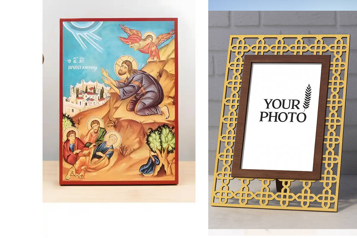 Εικόνα Ορθοδοξίας Πολυτελείας  με  σχεδιο Σταυρούς μαζι με  Βάση σε  8 χρώματα με περίγραμμα χρυσό σε ξύλο Plywood (Πλακάζ)   με  βάση Ο Ιησούς Χριστός προσεύχεται στην Αντιπροσωπεία της Γεθσημανής, Ξύλινη Χειροποίητη Εικόνα Ελληνικού Premium Βυζαντινού Στυλ Κρεμασμένο σε ξύλινη πλάκα Θρησκευτικό Χειροποίητη Ελληνορθόδοξη εικόνα του Ιησού Χριστού, Κρεμαστή πλάκα βυζαντινής τέχνης, χριστιανική τέχνη Διάσταση 10x7 cm (3,9 x 2,8 ίντσες)  INTRAEK3kadro3211-10924