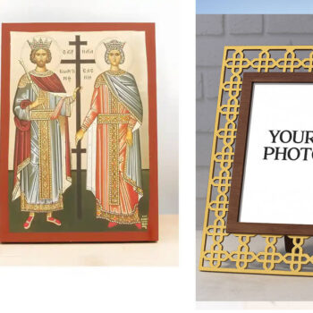 Εικόνα Ορθοδοξίας Πολυτελείας  με  σχεδιο Σταυρούς μαζι με  Βάση σε  8 χρώματα με περίγραμμα χρυσό σε ξύλο Plywood (Πλακάζ)   με  βάση Άγιος Κωνσταντίνος και Αγία Ελένη, Ξύλινη Χειροποίητη Εικόνα με Ψηφιακή Εκτύπωση Ελληνικό Premium Βυζαντινού Στυλ Κρεμαστό τοίχου Θρησκευτικό Θέμα Χειροποίητη Ελληνορθόδοξη εικόνα του Ιησού Χριστού, Κρεμαστή πλάκα βυζαντινής τέχνης, χριστιανική τέχνη Διάσταση 15x11 cm (5,9 x 4,3 ίντσες)  INTRAEK3kadro3211-610922 - Image 1