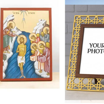 Εικόνα Ορθοδοξίας Πολυτελείας με σχεδιο Σταυρούς μαζι με Βάση σε 8 χρώματα με περίγραμμα χρυσό σε ξύλο Plywood (Πλακάζ) με βάση Η Βάπτιση του Ιησού Χριστού, Ξύλινη Χειροποίητη Εικόνα με Αλουμινόχαρτο Ελληνικού Premium Βυζαντινού Στυλ Κρεμασμένο σε ξύλινη πλάκα Θρησκευτικό θέμα Χειροποίητη Ελληνορθόδοξη εικόνα του Ιησού Χριστού, Κρεμαστή πλάκα βυζαντινής τέχνης, χριστιανική τέχνη Διάσταση 15x11 cm (5,9 x 4,3 ίντσες) INTRAEK3kadro3211-610920 - Image 1