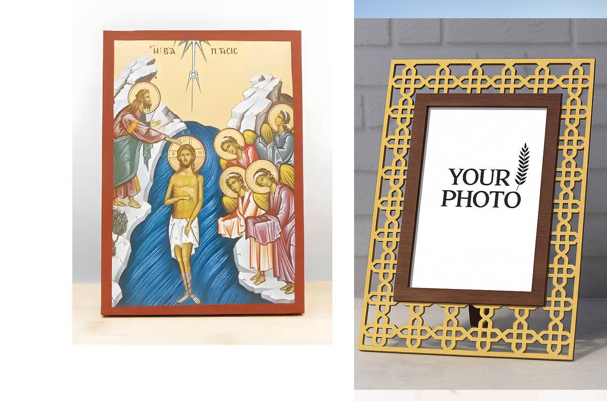 Εικόνα Ορθοδοξίας Πολυτελείας  με  σχεδιο Σταυρούς μαζι με  Βάση σε  8 χρώματα με περίγραμμα χρυσό σε ξύλο Plywood (Πλακάζ)   με  βάση Η Βάπτιση του Ιησού Χριστού, Ξύλινη Χειροποίητη Εικόνα με Αλουμινόχαρτο Ελληνικού Premium Βυζαντινού Στυλ Κρεμασμένο σε ξύλινη πλάκα Θρησκευτικό θέμα Χειροποίητη Ελληνορθόδοξη εικόνα του Ιησού Χριστού, Κρεμαστή πλάκα βυζαντινής τέχνης, χριστιανική τέχνη Διάσταση 10x7 cm (3,9 x 2,8 ίντσες)  INTRAEK3kadro3211-10920