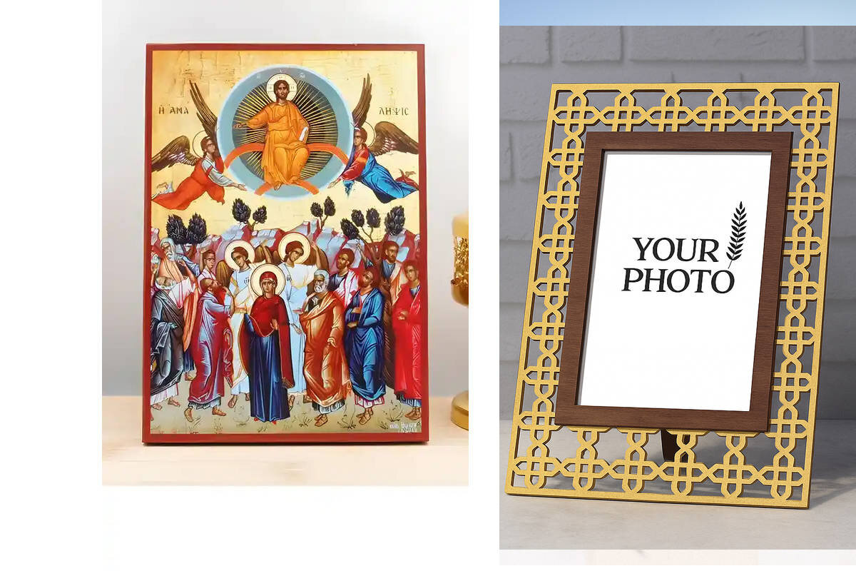 Εικόνα Ορθοδοξίας Πολυτελείας  με  σχεδιο Σταυρούς μαζι με  Βάση σε  8 χρώματα με περίγραμμα χρυσό σε ξύλο Plywood (Πλακάζ)   με  βάση Η Ανάληψη του Ιησού Χριστού στον Ουρανό, Ξύλινη Χειροποίητη Εικόνα Ελληνικού Premium Βυζαντινού Στυλ Κρεμασμένο σε ξύλινη πλάκα Θρησκευτικό θέμα Χειροποίητη Ελληνορθόδοξη εικόνα του Ιησού Χριστού, Κρεμαστή πλάκα βυζαντινής τέχνης, χριστιανική τέχνη Διάσταση 10x7 cm (3,9 x 2,8 ίντσες)  INTRAEK3kadro3211-10919