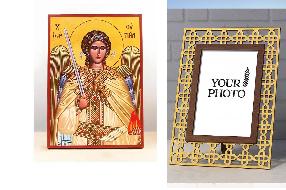 Εικόνα Ορθοδοξίας Πολυτελείας  με  σχεδιο Σταυρούς μαζι με  Βάση σε  8 χρώματα με περίγραμμα χρυσό σε ξύλο Plywood (Πλακάζ)   με  βάση Αρχάγγελος Ουριήλ, Ξύλινη Χειροποίητη Εικόνα Ελληνικού Premium Βυζαντινού Στυλ Κρεμασμένο σε ξύλινη πλάκα Θρησκευτικό θέμα Χειροποίητη Ελληνορθόδοξη εικόνα του Ιησού Χριστού, Κρεμαστή πλάκα βυζαντινής τέχνης, χριστιανική τέχνη Διάσταση 10x7 cm (3,9 x 2,8 ίντσες)  INTRAEK3kadro3211-10918